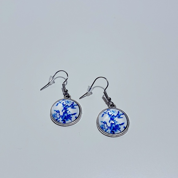 Handmade Glass Dome Hanging Drop Earrings | Blue & White Theme - Picture 6 of 8